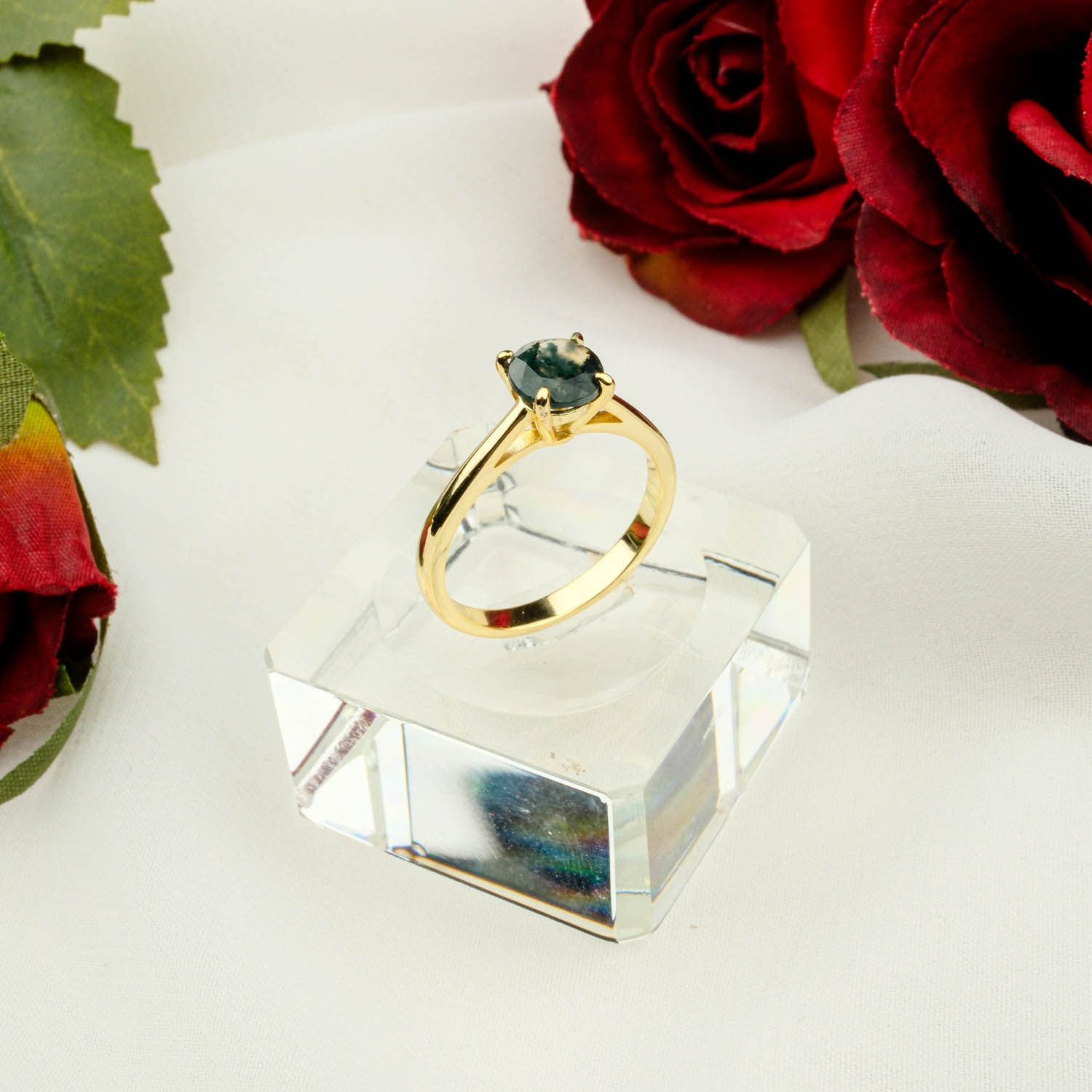 14-0-17.jpg Moss Agate (Yosunlu Akik) Doğal Taş Gümüş Gold Bayan Yüzük - Görsel 1