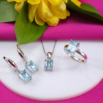 Orijinal Blue Topaz Doğal Taş Gümüş Set