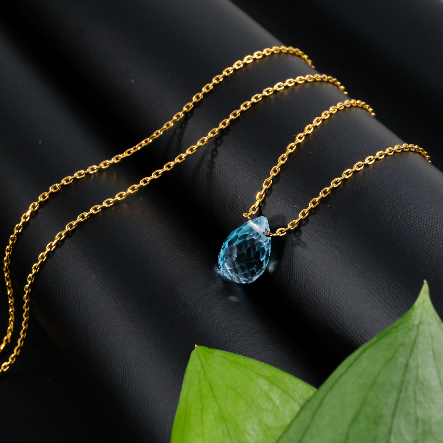 22-0-4.jpg Blue Topaz Doğal Taş Drop Model Gold Gümüş Kolye - Görsel 1