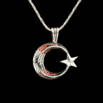 Büyük Boy Türk Bayrağı Taş Süslemeli Gümüş Kolye - Görsel 4