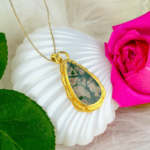 Moss Agate Akik Doğal Taş Gümüş Gold Kolye