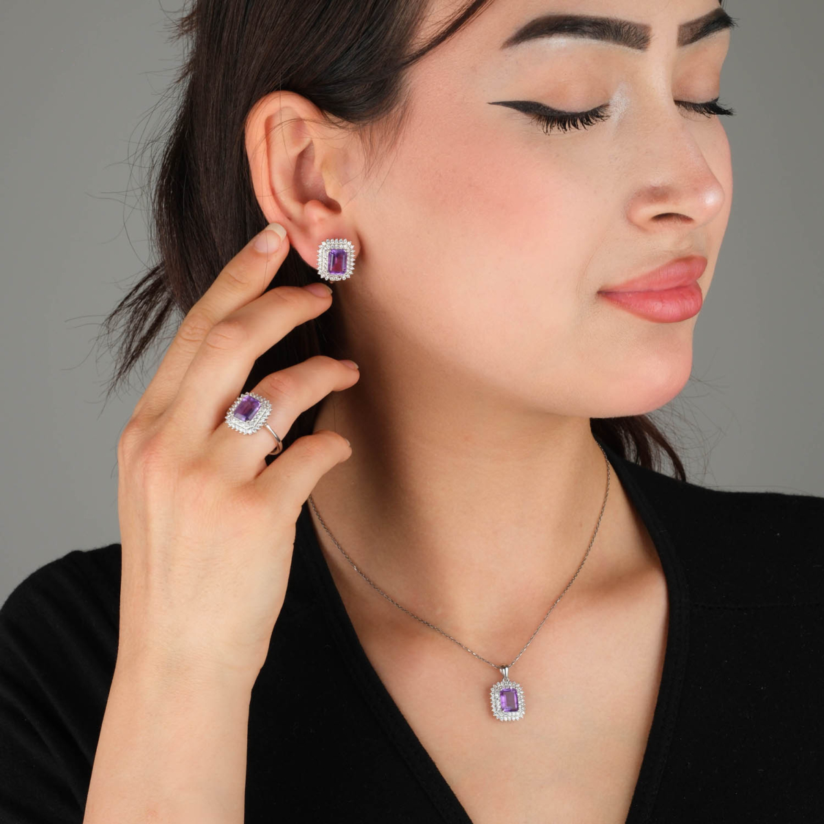 Ametist Taşlı 925 Ayar Gümüş Bayan Set