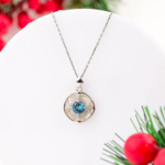 Orijinal Blue Topaz, Sedef ve Swarovski Taşı 925 Ayar Gümüş Tasarımlı Kadın Kolye