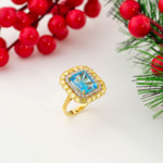 Swiss Blue Topaz ve Sarı Mozanite (Laboruvar İşlemli) Taşlı 925 Ayar Gümüş Gold Kaplama Kadın Yüzük