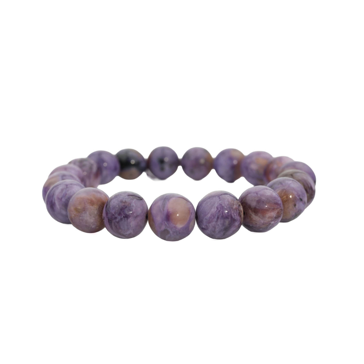 A flexible rolex cut natural stone bracelet made of round smooth purple veined 5A+ quality charoite beads.
