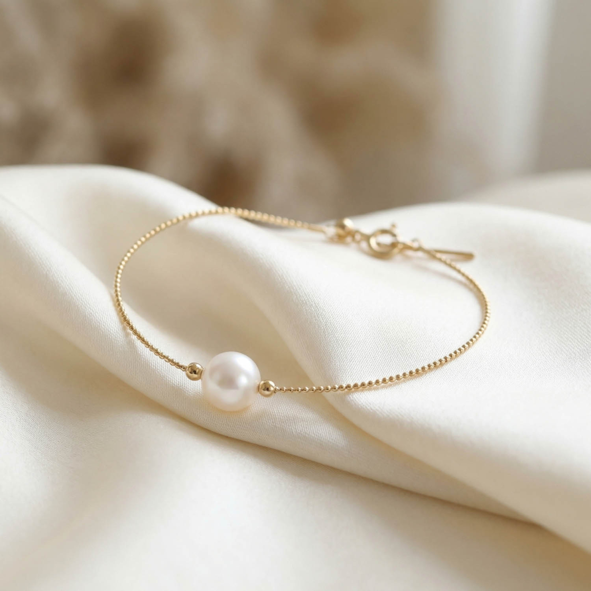 18k gold chain bracelet featuring an elegant original white pearl in the center.