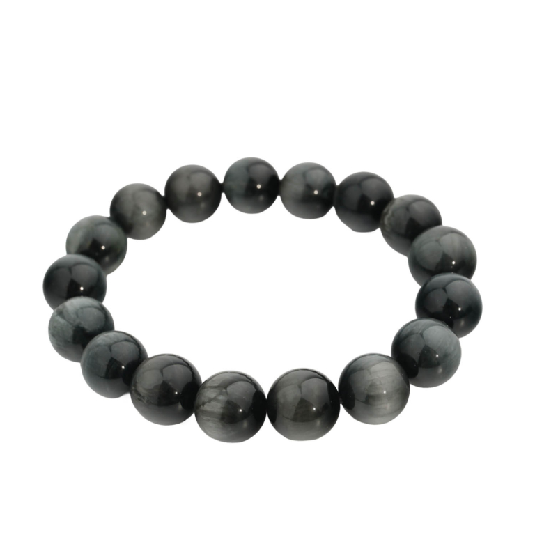 Flexibles Natursteinarmband aus runden, glatten, grauen Katzenauge-Perlen mit Seideneffekt.