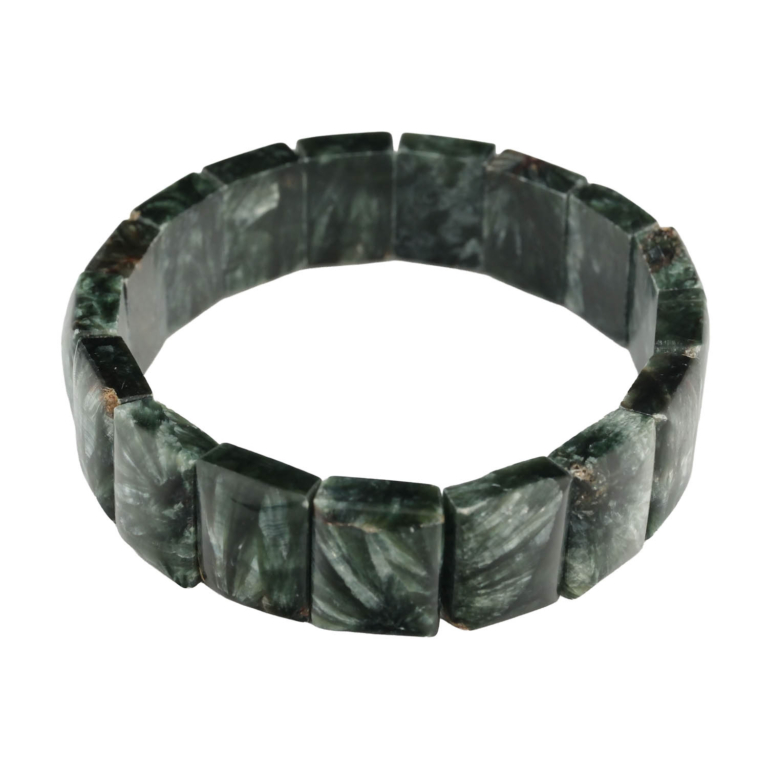 A luxury rolex cut flexible unisex bracelet made of original seraphinite natural stone featuring silver feather-like inclusions.