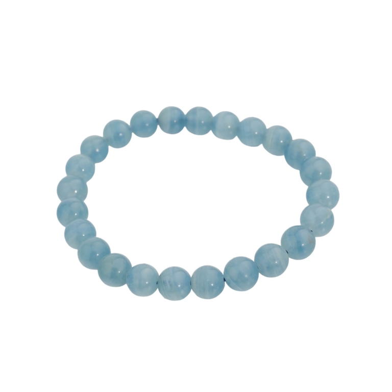 Bracelet flexible en pierre naturelle fait de perles rondes et lisses de calcite bleu clair de 8-9mm.