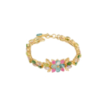 A luxury special designer bracelet featuring original faceted oval and teardrop multi-gemstones set in a gold plated 925 sterling silver flower design.