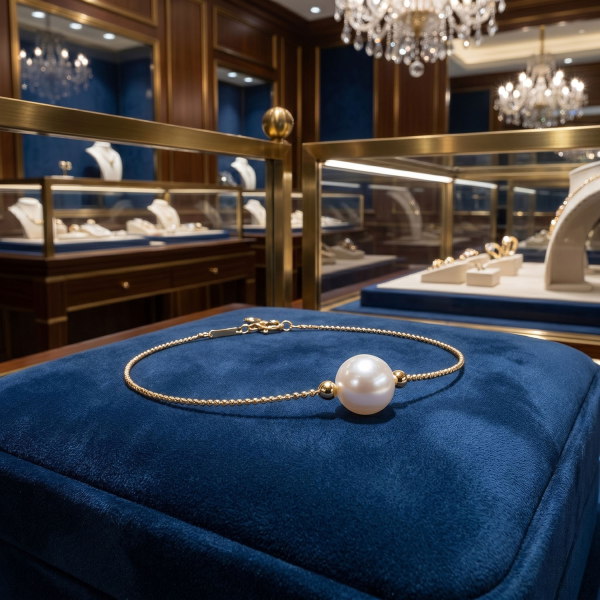 Pulsera de cadena de oro de 18k con una perla blanca original en el centro.