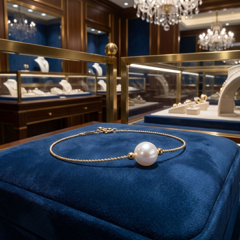 Pulsera de cadena de oro de 18k con una perla blanca original en el centro.