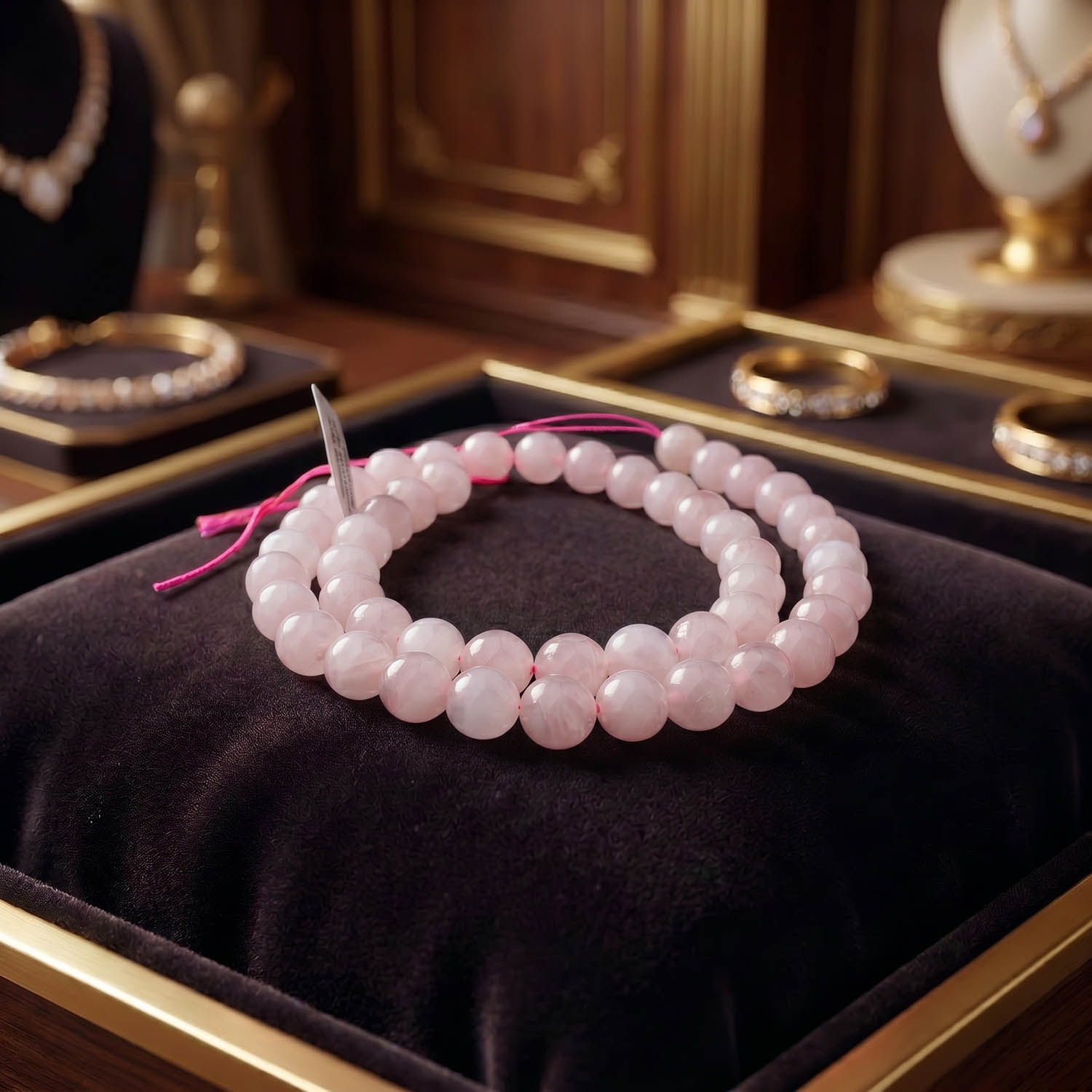 madagaskar-pembe-kuvars-dogal-tas-dizi-8mm Takı tasarımı için hazırlanmış, 8mm boyutlarında pürüzsüz yuvarlak kesim orijinal Madagaskar pembe kuvars doğal taş dizi.