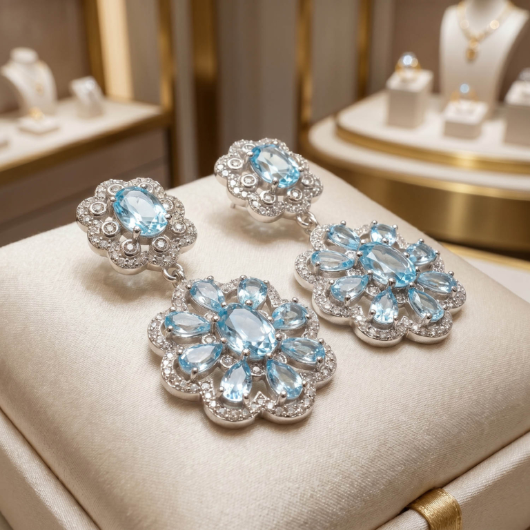 Oval ve damla faset kesim mavi topaz taşlı çiçek modelli 925 ayar gümüş tasarım lüks sallantılı küpe modeli.