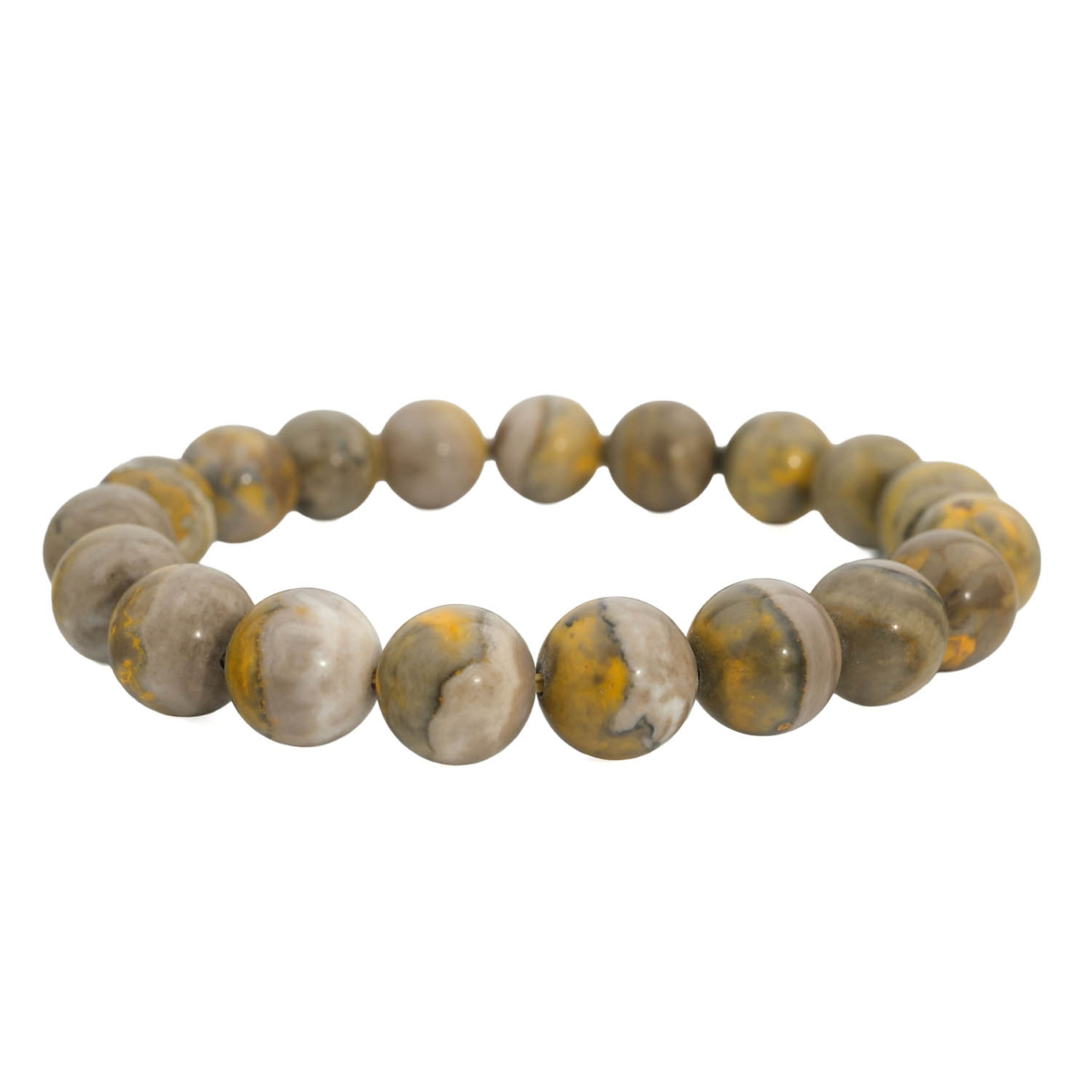 Bracelet flexible en pierre naturelle fait de perles rondes et lisses de jaspe bourdon de 10-11mm avec des bandes jaunes et grises.