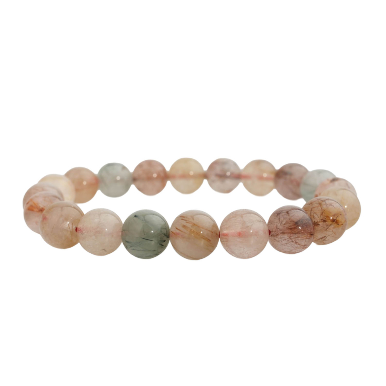Bracciale flessibile in pietra naturale realizzato con perle rotonde e lisce di quarzo trasparente da 9-10mm con inclusioni di rutile multicolor.