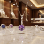 Luxus-Design-Kette aus einem originalen violetten Amethyst-Edelstein im Facetten-Rundschliff, gefasst in 925er Sterlingsilber.