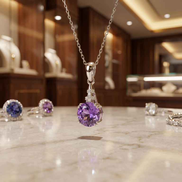 Luxus-Design-Kette aus einem originalen violetten Amethyst-Edelstein im Facetten-Rundschliff, gefasst in 925er Sterlingsilber.