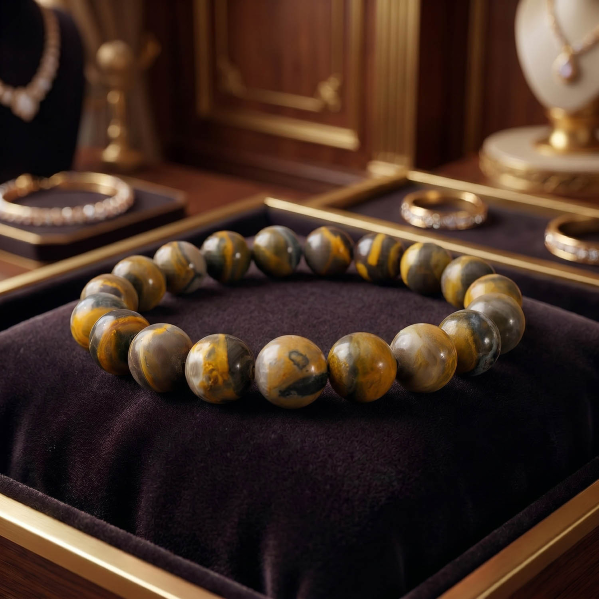 9-10mm boyutlarında canlı sarı siyah şeritli orijinal bumblebee jasper küre taşlarından üretilmiş esnek doğal taş bileklik.