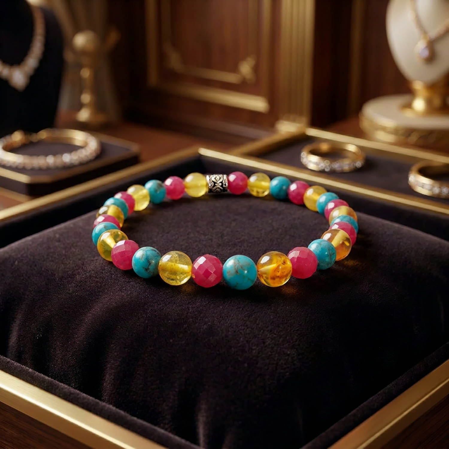 orijinal-kehribar-yakut-turkuaz-karisik-dogal-tas-bileklik Flexibles Natursteinarmband aus 6mm runden gelben Bernsteinperlen, facettierten rosa Rubinperlen und blauen Türkisperlen.