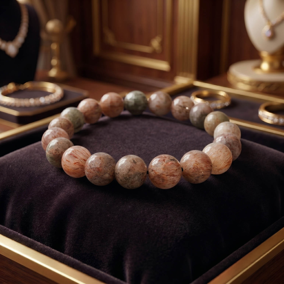Flexibles Natursteinarmband aus 10-11mm runden, glatten klaren Quarzperlen mit gemischten Kupfer-Rutil-Einschlüssen.