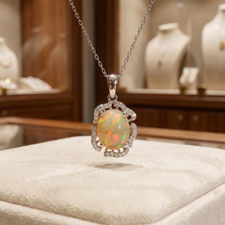 Luxus-Design-Kette aus originalen Opal-Edelsteinen im Oval-Cabochon-Schliff, gefasst in 925er Sterlingsilber mit Zirkon-Details.