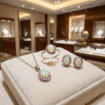 Merkezinde oval kabaşon opal ve çevresinde faset kesim çok renkli safir taşları barındıran 925 ayar gümüş tasarım yüzük, küpe ve kolye ucu set modeli.
