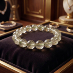 Flexibles Natursteinarmband aus 11-12mm runden, glatten klaren Quarzperlen mit scharfen grünen Rutil-Einschlüssen.