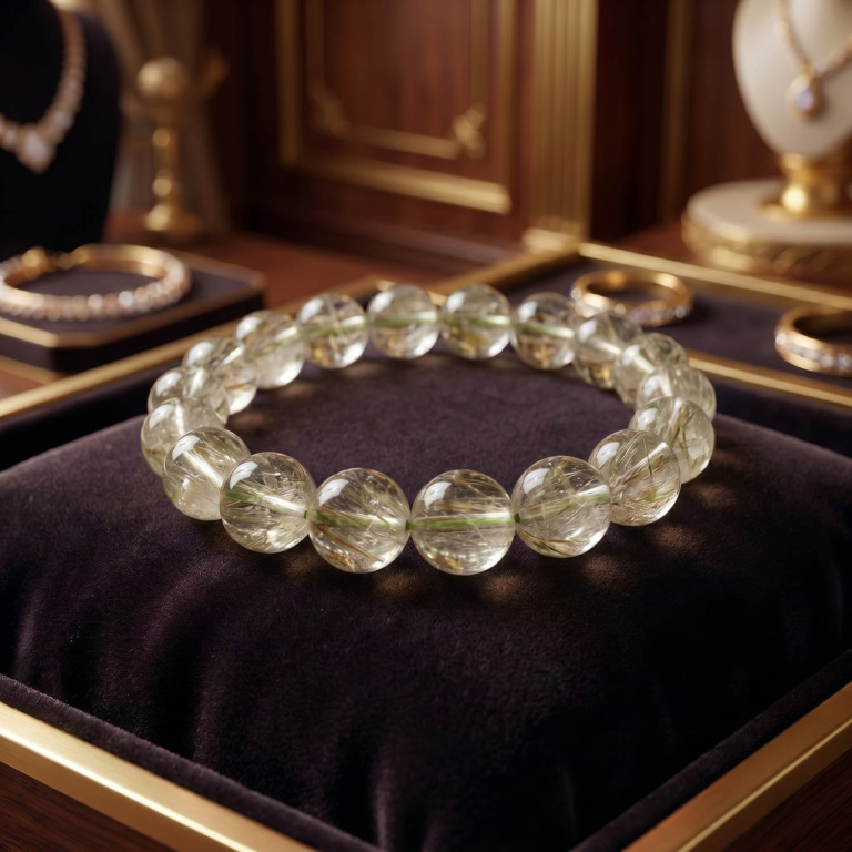 Flexibles Natursteinarmband aus 11-12mm runden, glatten klaren Quarzperlen mit scharfen grünen Rutil-Einschlüssen.