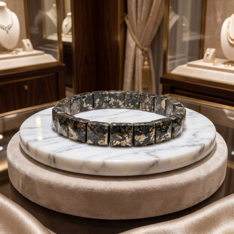 Orijinal pirit doğal taşından üretilmiş, altın yansımalı rolex kesim şık tasarım bileklik.