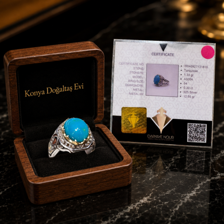 Handcrafted 925 sterling silver ring featuring a 1.33 gram original turquoise stone and 0.30 carat diamonds, displayed in a custom wooden box with a certificate.