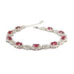 Bracciale di design di lusso realizzato con pietre di rubino rosso naturale a taglio ovale incastonate in argento sterling 925 con accenti di zirconi brillanti.