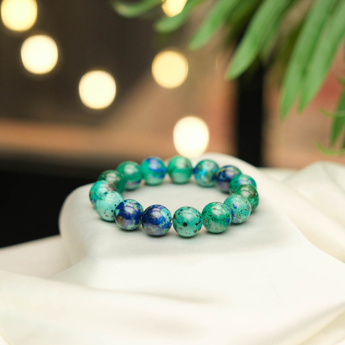 Klassisches Design-Armband aus originalen 14-15mm 6A+ Azurit-Malachit-Natursteinen im glatten Rundperlen-Schliff.