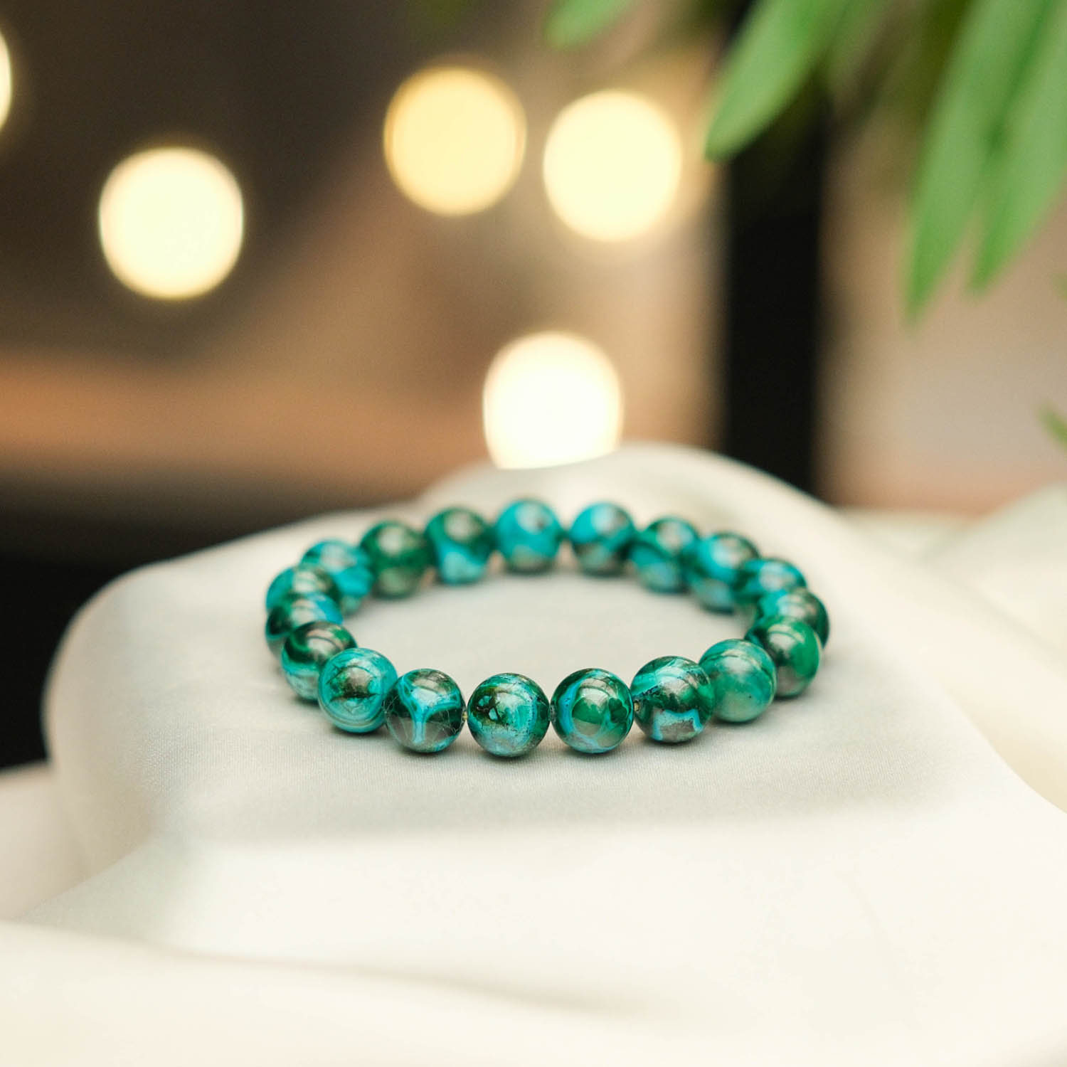 bracciale-pietra-malachite-crisocolla-naturale-6a-10-11mm-sfere-elegante Design-Armband aus originalen 10-11mm 6A+ Malachit-Chrysokoll-Natursteinen im glatten Rundperlen-Schliff.