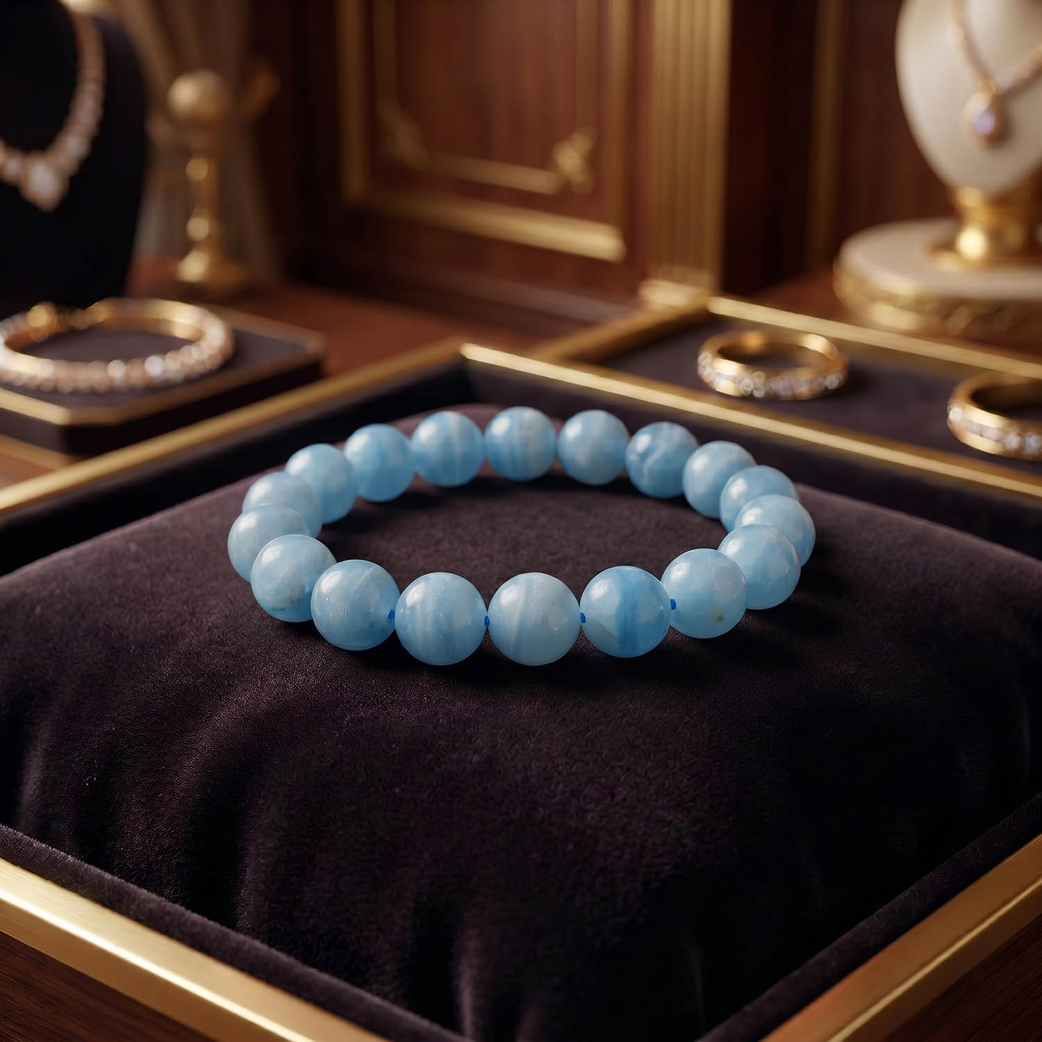 iri-taneli-mavi-kalsit-dogal-tas-bileklik Armband aus originalem blauem Calcit-Naturstein mit 11-12 mm großen, pastellblauen Perlen.
