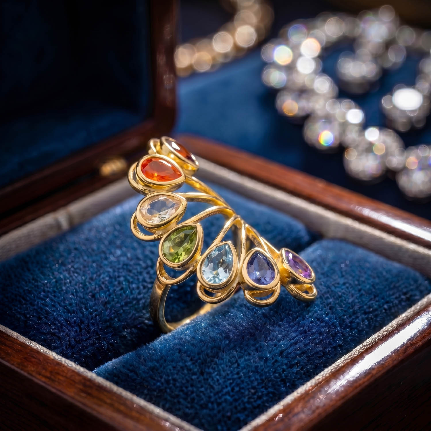 luxus-multi-edelstein-gold-platiniert-amethyst-saphir-peridot-topaz-citrin-925-silber-frauen-design-ring Yelpaze formlu gold kaplama gümüş montür üzerinde sıralı damla faset kesim orijinal ametist, safir, topaz, zebercet, sitrin, akik ve garnet taşlı lüks 925 ayar gümüş kadın tasarım yüzük modeli.