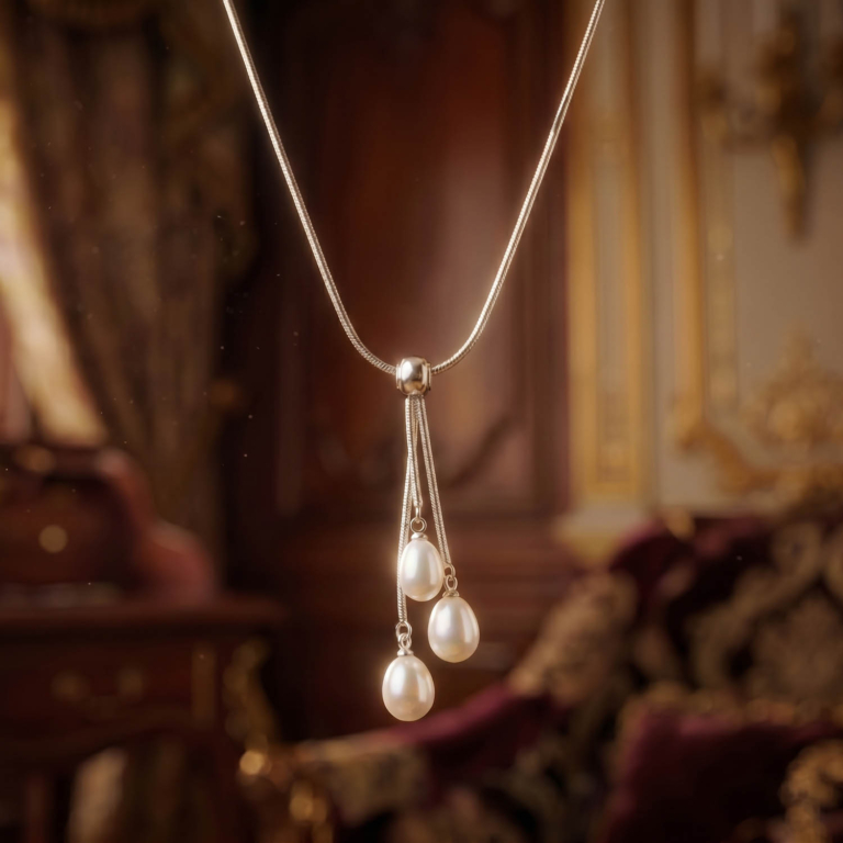 Luxus-Design-Kette aus Edelstahl mit drei originalen weißen Ozean-Perlenperlen in Tropfenform.