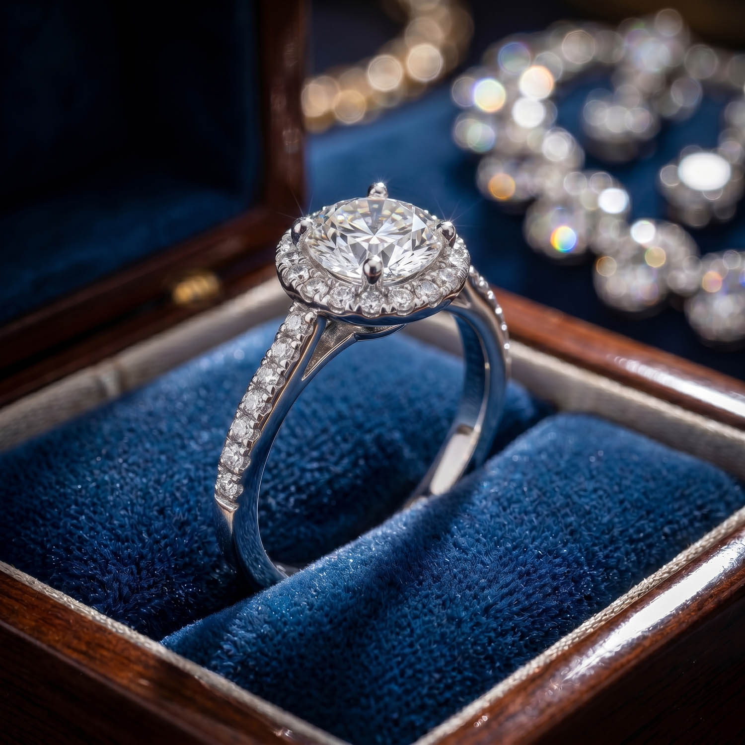 orijinal-sertifikali-moissanite-mozanite-925-ayar-gumus-tasarim-halo-yuzuk Luxus-Halo-Ring aus 925er Sterlingsilber, besetzt mit einem GRA-zertifizierten originalen Moissanit-Edelstein im Rundschliff.