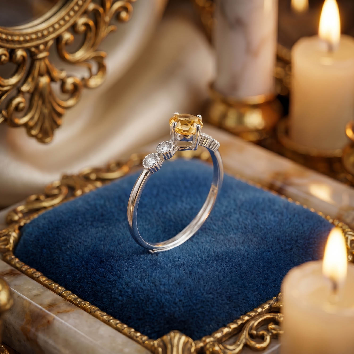 orijinal-sitrin-dogal-tas-925-ayar-gumus-bestas-tasarim-kadin-yuzuk Luxus-Design-Frauenring aus 925er Sterlingsilber, besetzt mit einem originalen gelben Citrin-Edelstein im runden Facettenschliff.