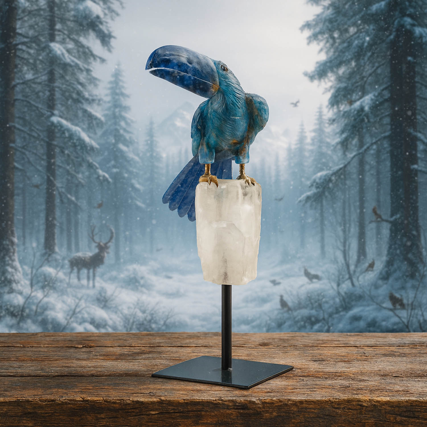 orijinal-sodalit-mavi-kalsit-kristal-kuvars-metal-standli-papagan-obje Handgefertigte Papagei-Skulptur aus Sodalith, Blaucalcit und Bergkristall auf elegatem Metallständer.