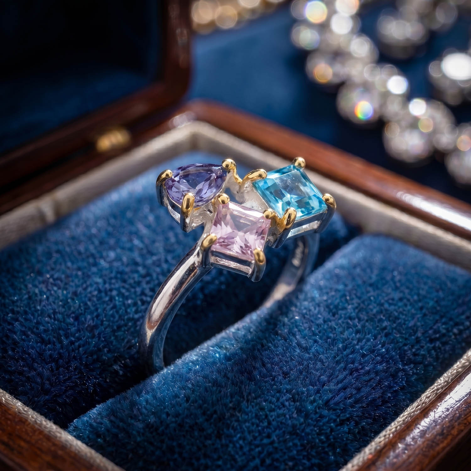 orijinal-topaz-safir-ametist-dogal-tas-925-ayar-gumus-tasarim-kadin-yuzuk Luxus-Design-Frauenring aus 925er Sterlingsilber, besetzt mit originalen Topas-, Saphir- und Amethyst-Edelsteinen im geometrischen Facettenschliff.