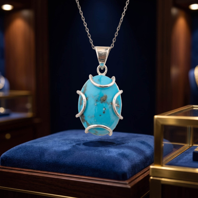 Luxus-Design-Kette aus 925er Sterlingsilber, besetzt mit einem originalen türkis-Edelstein im ovalen Kabosonschliff.