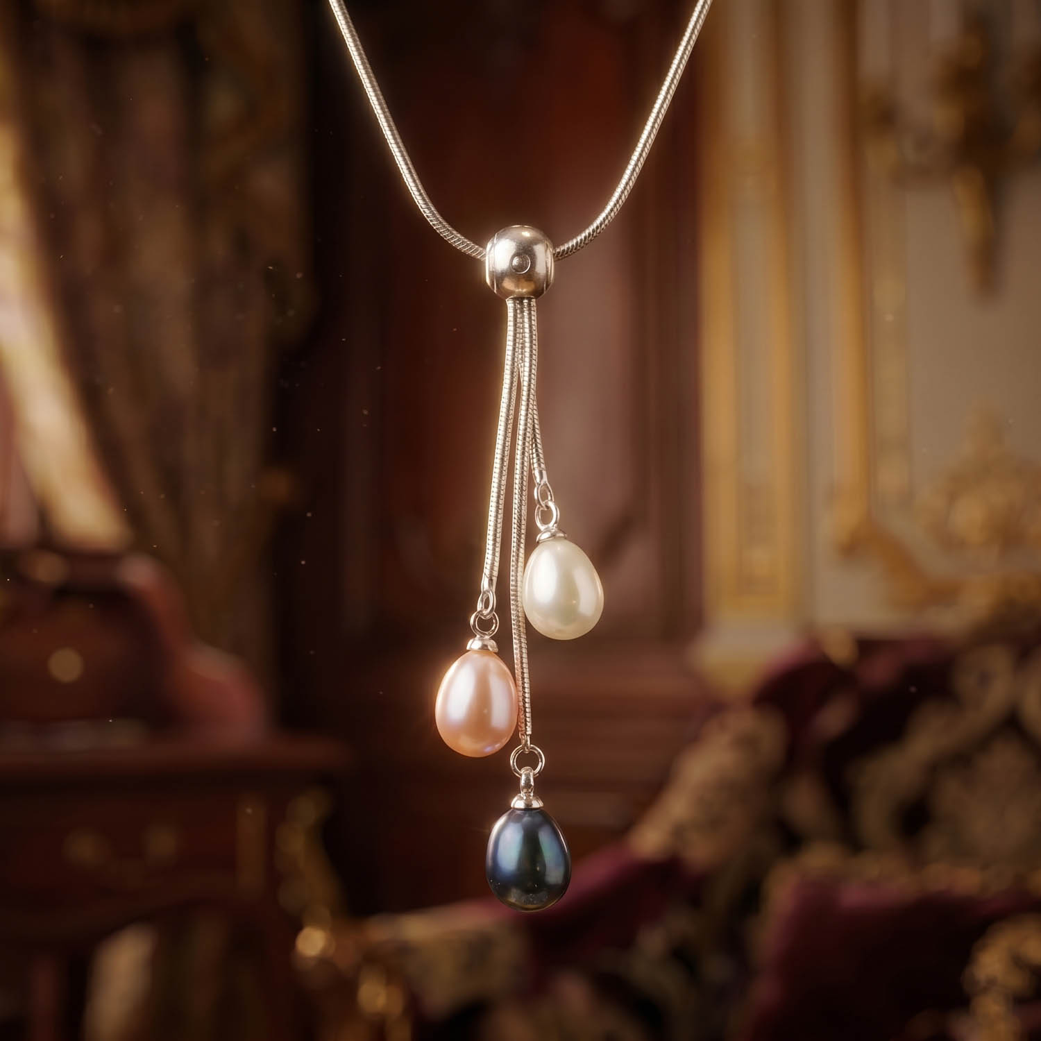 orijinal-uc-renkli-okyanus-inci-dogal-tas-celik-kolye-43cm Luxus-Design-Kette aus Edelstahl mit drei originalen dreifarbigen Ozean-Perlenperlen in Tropfenform.