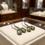 Luxus-Design-Ohrringe aus 925er Sterlingsilber, besetzt mit originalen olivgrünen Peridot-Edelsteinen im Baguetteschliff.