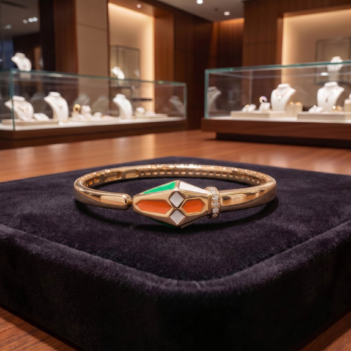 A luxury designer bangle bracelet featuring geometric orange, green, and white enamel details with zircon accents in gold plated 925 sterling silver.