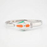 A luxury designer bangle bracelet featuring geometric orange, green, and white enamel details with zircon accents in 925 sterling silver.