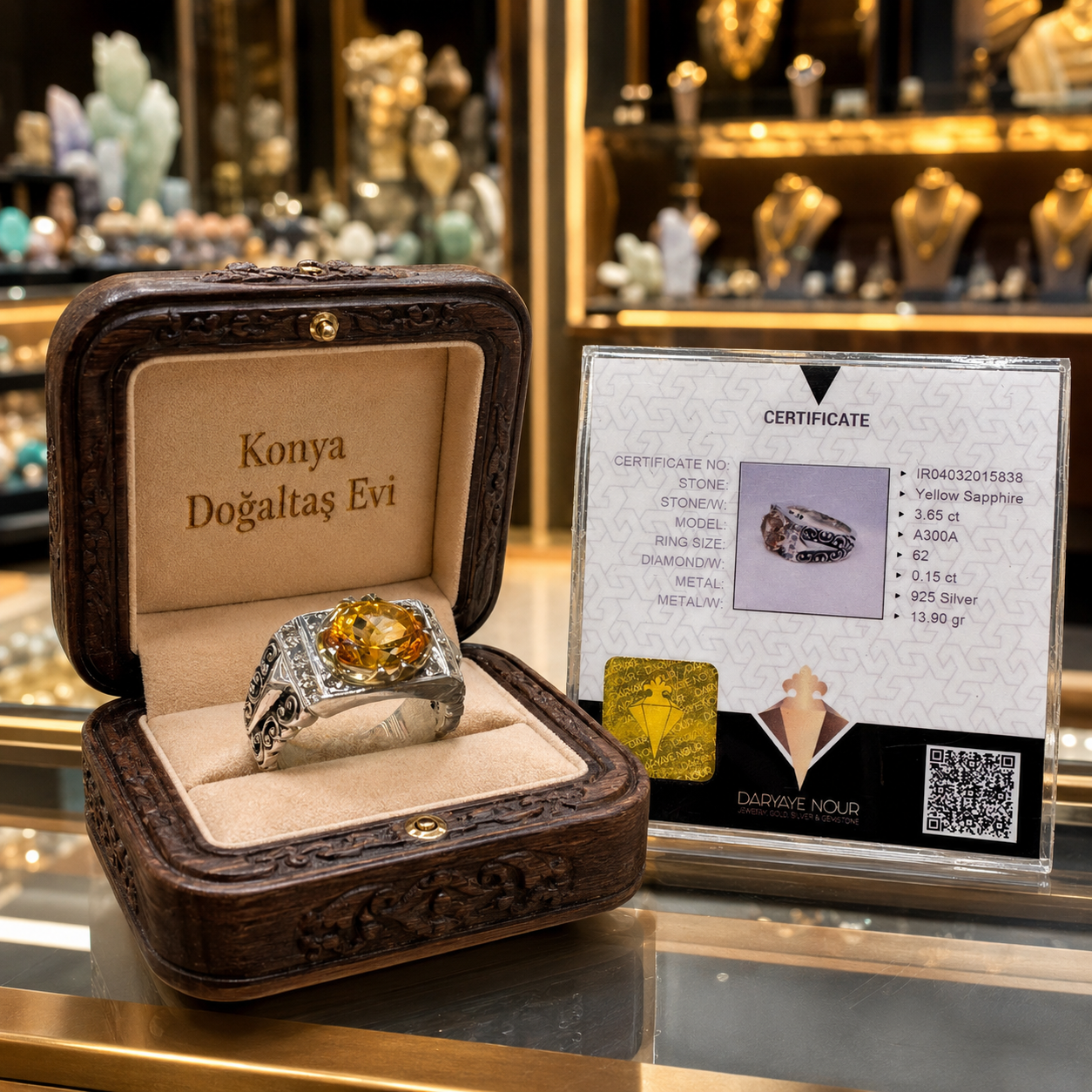 sertifikali-sari-safir-pirlantali-gumus-yuzuk Handcrafted 925 sterling silver ring featuring a 3.65 carat yellow sapphire and 0.15 carat diamonds, displayed in a custom wooden box with a certificate.