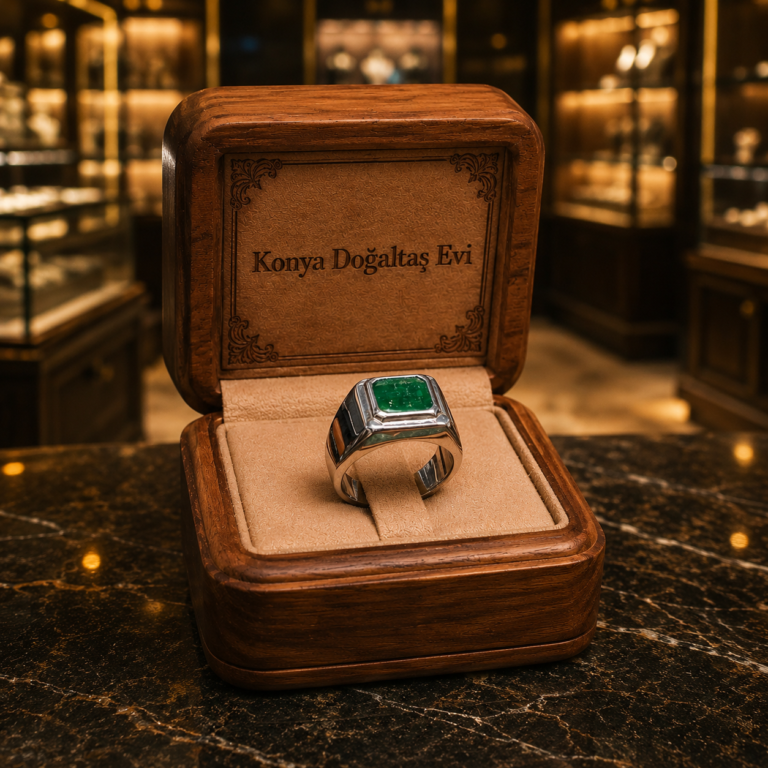 Handgefertigter Designring aus 925er Sterlingsilber im modernen Look mit einem 3,85 Karat originalen sambischen Smaragd, präsentiert in einer individuellen Holzkiste namens 1 (9).png.