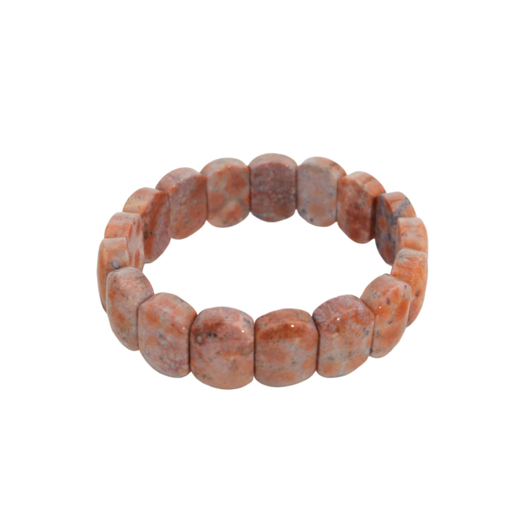 Bracelet de taille ovale rolex en pierre naturelle de corail fossile original dans des tons orange et brique avec des motifs fossiles mouchetés.