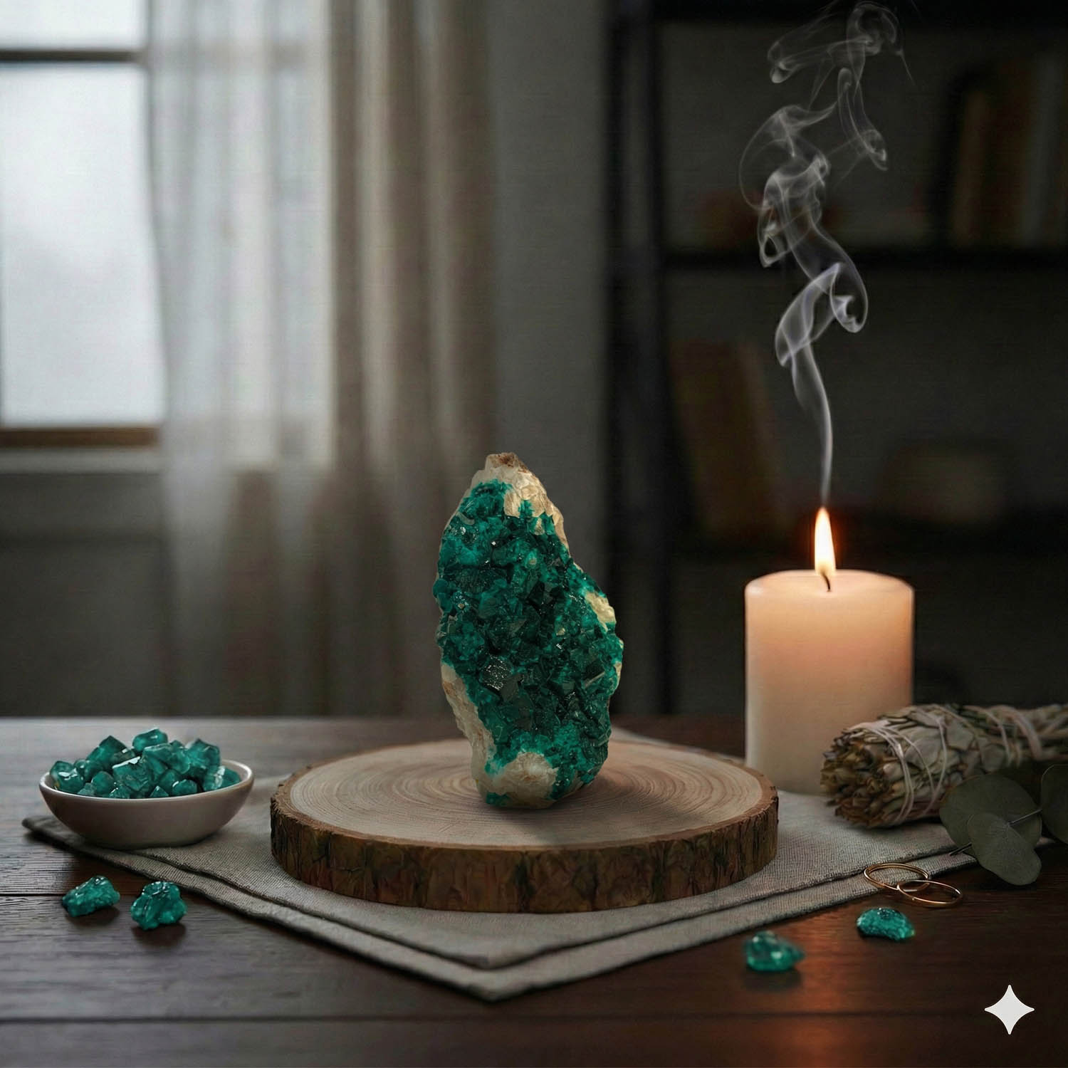 dioptase-brut-pierre-naturelle-echantillon-cristal Échantillon de pierre naturelle de dioptase brute d'un vert émeraude intense.